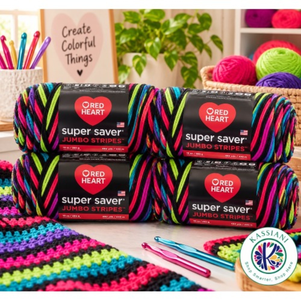 Red Heart Super Saver Jumbo Stripes Neon Stripe Yarn Lot of 4 – 10oz Each – 482y